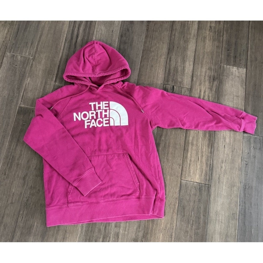 North Face Women's Hoodie Magenta Logo Pullover Sweatshirt Size M